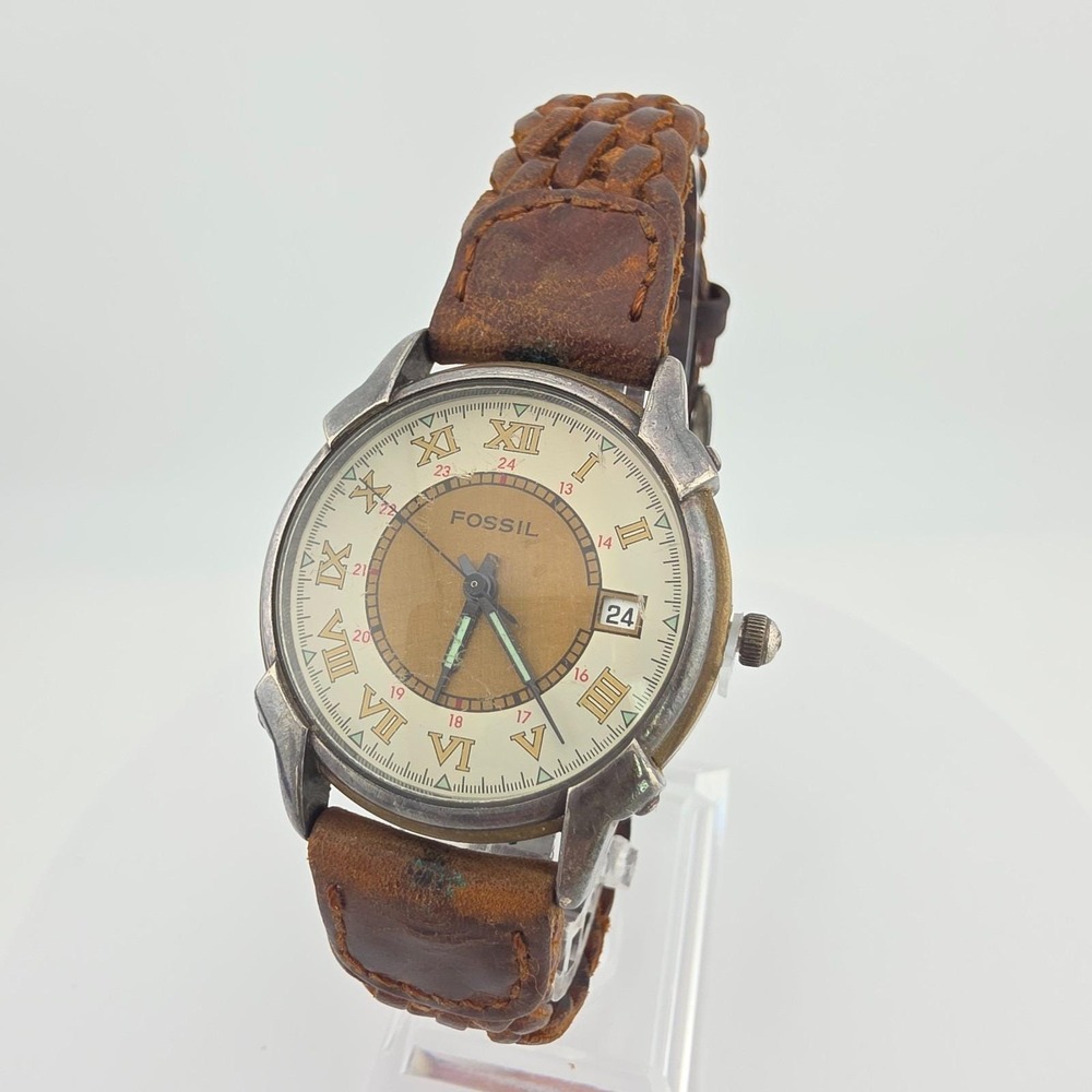 Vtg 1990s FOSSIL Mens Watch EC-6822 Date Woven Brown Leather Brass Tone 8.5"